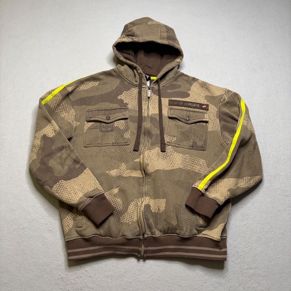 Tapout Full Zip Hoodie Mens XL Brown Camo Y2K Believe Neon Stripe Streetwear